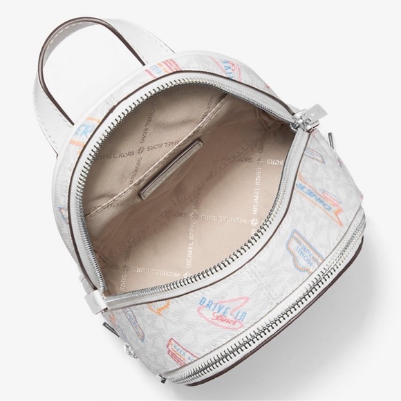 Michael Kors Rhea Extra-Small Printed Signature Logo Backpack Optic White - Picture 9 of 10